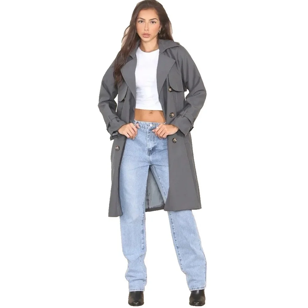 Katch Me Women's L Notch‎ Lapel Double Breasted Belt Trench Coat Gray NEW